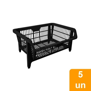 Cesto Plástico Empilhável Presto 57cm Capacidade 40kg Preto Embalagem com 5 Unidades