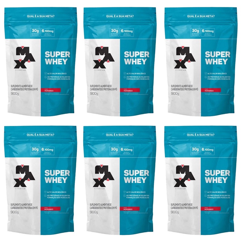 Super Whey Protein 900g Morango Refil – 6 unidades – Max Titanium