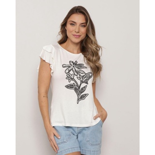 Blusa Feminina Estampa Com Strass Manga Curta Babado Off White