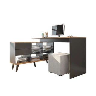 Mesa Escrivaninha em L com Estante 128/145x84 Cm 2 Gavetas MDP Carvalho Cinza 0747 MENU