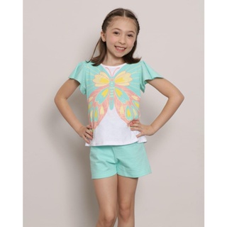 Blusa Infantil Manga Babado Estampa Borboleta Com Brilho Branco