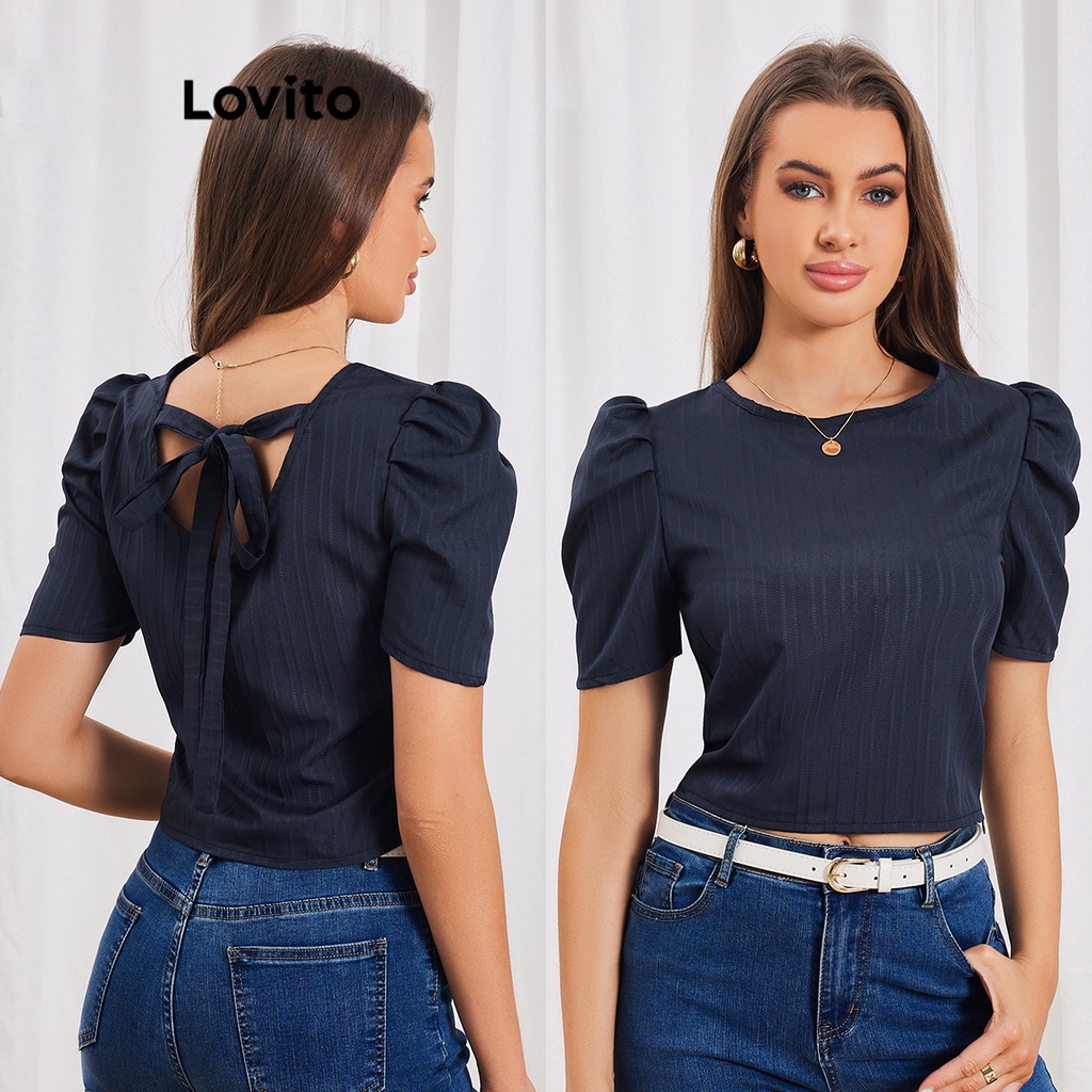 Lovito Blusa Feminina Elegante De Manga Bufante Com Gravata Lisa Nas Costas LBL06128 (Azul Escuro)