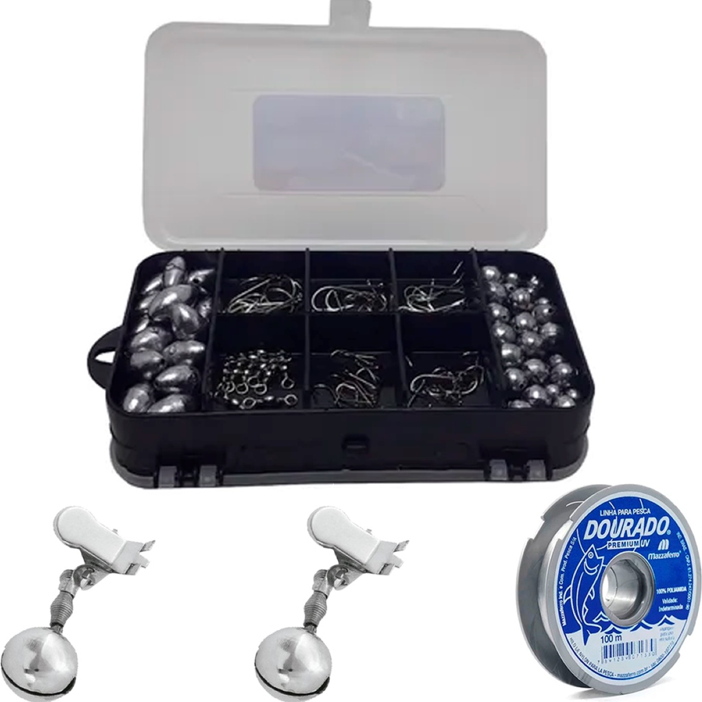 Kit Estojo Pesca Esportiva Linha Sinete Giradores Chumbada e Anzol