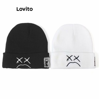 Lovito Preppy Padrão Simples Bordado Redondo Lil Peeplil Peep Triste Careta Frizz Corta-Ventos Simplicidade Chapéus De Malha Para Mulheres LFA10131