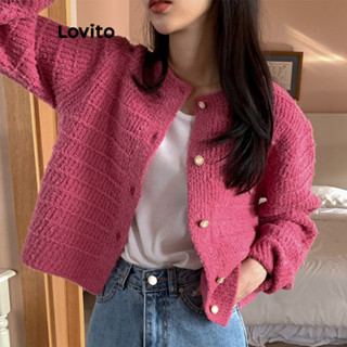 Lovito Cardigãs Casuais De Metal Com Botão Liso Frontal Para Mulheres LNE36311 (Cáqui/Rosa Choque/Branco Sujo)