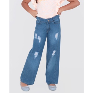 Calça Jeans Infantil Wide Leg Destroyed Azul Claro