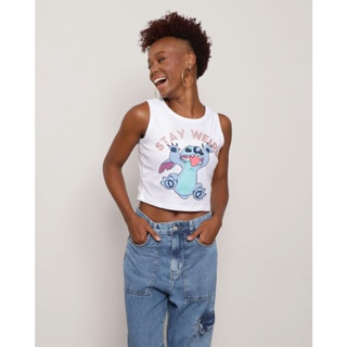 Regata Feminina Cropped Disney Estampa Stitch Branca