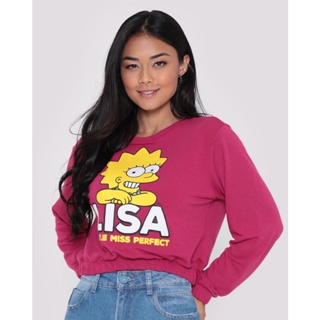 Blusa Feminina Moletinho Cropped Simpsons Liza Rosa