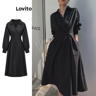 Lovito Elegante Liso Vestido Feminino com Cordão e Bolso L65ED174 (Preto)