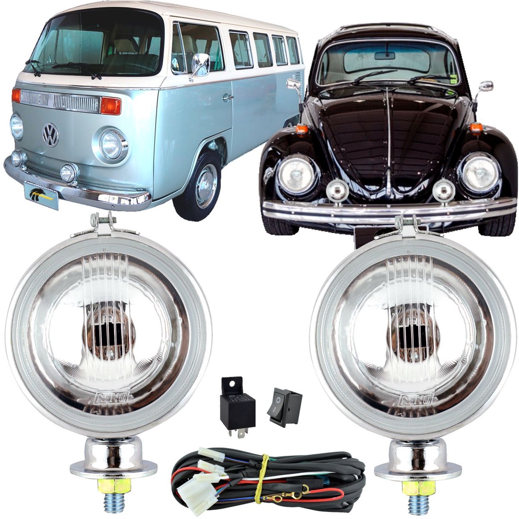 Kit Completo Farol Milha Universal Vidro Redondo + Chicote Fusca Kombi ...