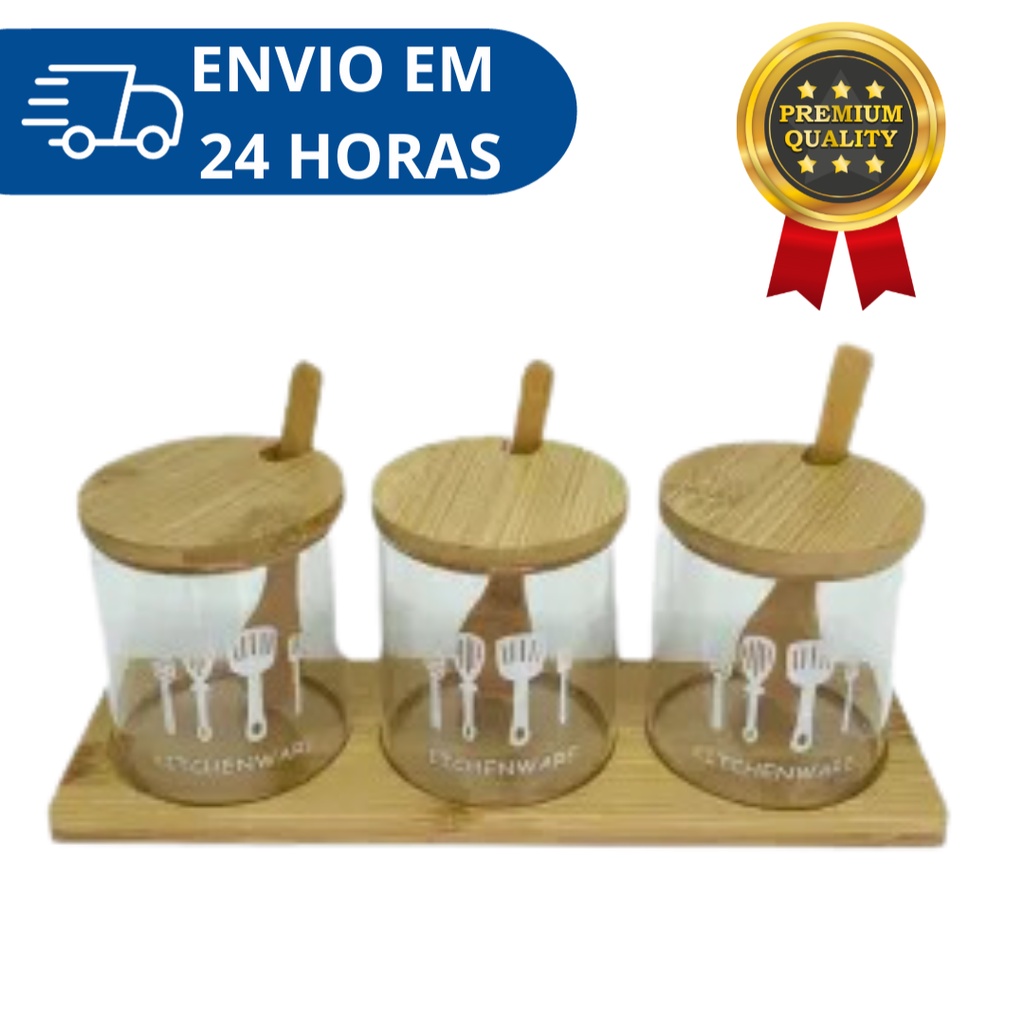 Kit 3 Pote De Vidro Com Colher Tempero Tampa Bambu Sal Cozinha Mantimentos Condimentos