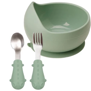 Kit Tigelinha Bowl Com Ventosa Colher Garfo Em Silicone E Inox Verde Buba