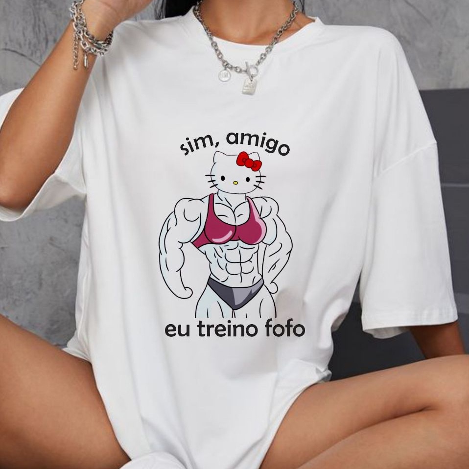 Camiseta Sim amigo Eu treino Fofo Camisa Hello Kitty Maromba Academia Musculação Crossfit Fitness