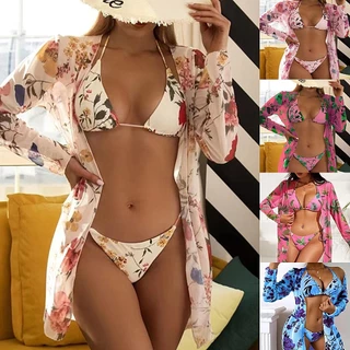 Biquíni Fato de banho de primavera quente feminino de três peças Blusa de malha de contraste de cor Biquíni impresso