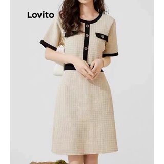 Lovito Vestido Elegante Com Botões E Fita Contrastante Em Patchwork Para Mulheres LNL42049