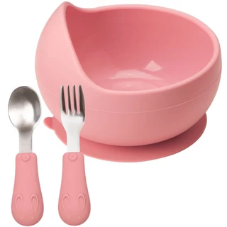 Conjunto Bowl Com Ventosa E Talheres Em Silicone E Inox Rosa Papinha BLW Bebê Buba