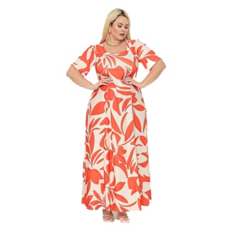 Vestido Longo Plus Size Estampado Manga Curta