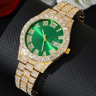 Kegllect 【 Relógio + Pulseira 】 Homens Relógio De Banda De Aço Calendário De Balança Romana Homens Relógios De Quartzo Pulso Hiphop Diamantes Sem Caixa