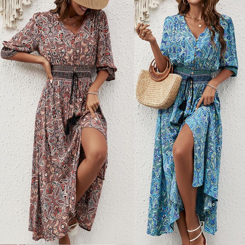 Summer three quarter sleeve long dress with belted bohemian style beach vacation dress