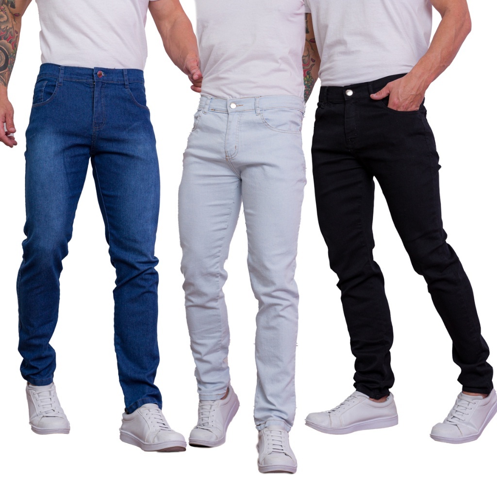 Kit 3 Calças Jeans Masculina Slim Original Elastano Lycra Vendas diretas especiais por tempo limitado da fábrica Envio em 24 horas