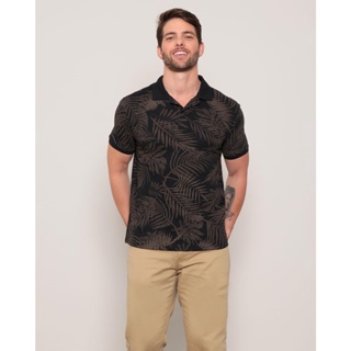 Polo Masculina Estampa Folhas Manga Curta Preta