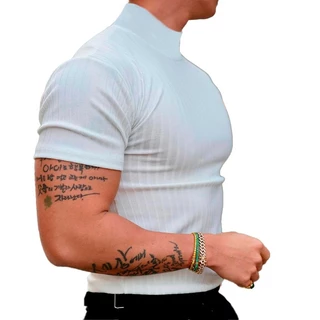 Camiseta gola alta slim canelado manga curta