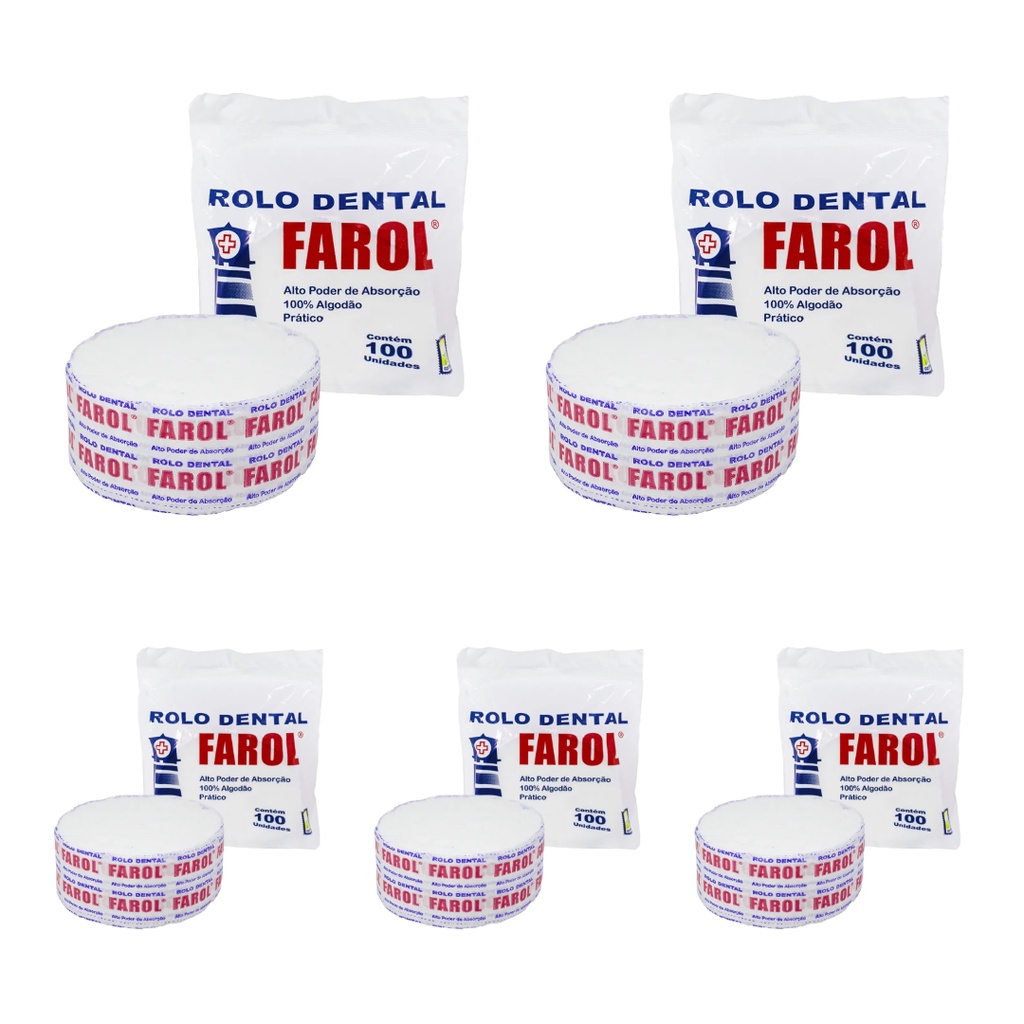 Kit 500 Unidades Rolete de Algodão Dental Farol 100% Fibra de Algodão Rolo Dental