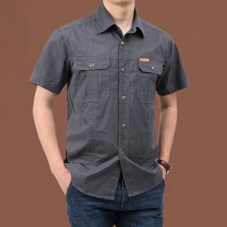 Camisa De Carga Homem Casual Solta Grande Bolso Militar Negócios Sólida Manga Curta 100 % Algodão