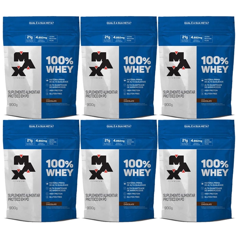 Kit 6 unidades 100% Whey Refil 900g Chocolate – Max Titanium