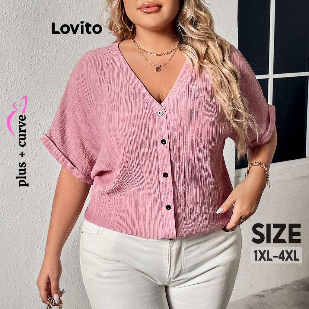 Lovito Blusa Casual Simples Com Botão Frontal Básica Plus Size Para Mulheres LNE31062 (Rosa)