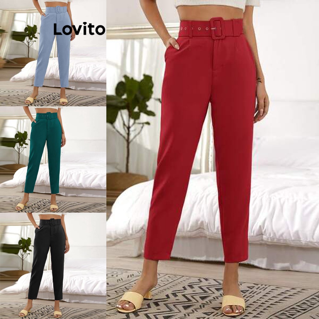 Lovito Calças Elegantes Com Bolso Com Cinto Liso Para Mulheres LNL39003 (Azul Claro/Vermelho/Verde/Preto)