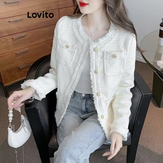Lovito Casual Jaqueta Feminina Lisa com Botão LNE30175 (Branco/Preto)