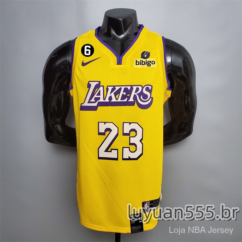 Hot pressed Camisa NBA #23 LeBron James Camisata Los Angeles Lakers blusa De Basquetebol jersey V-neck yellow Sponsorship logo