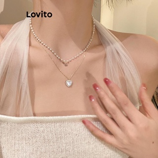 Lovito Colares Casuais De Camada Dupla Com Pérolas De Coração Liso Para Mulheres LFA11192