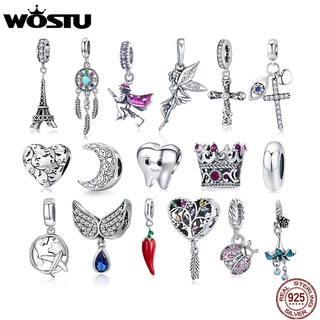 WOSTU Prata 925 Charme Unicórnio Joaninha Contas De Gato Animais Zircônio Esmalte Coração Pingente Fit Pulseira Original Para Mulheres Jóias De Bricolage