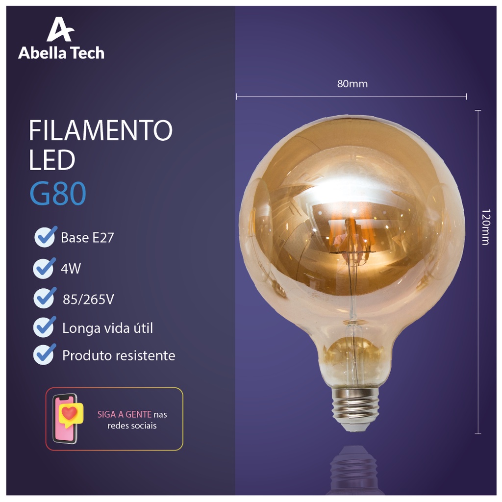 Lâmpada Filamento LED G80 4W E27 LUZ QUENTE (AMARELO) Âmbar Retrô Vintage 110V~220V | Bivolt