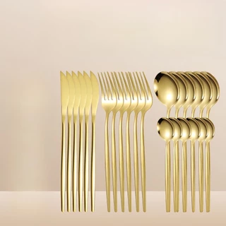 24 Peças Talheres Dourado De Aço Inox Garfo Colher Faca Colher De Mesa