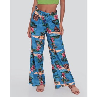 Calça Feminina Pantalona Estampa Tropical Azul