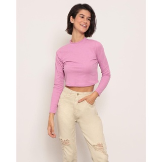 Blusa Feminina Cropped Canelada Mescla Rosa