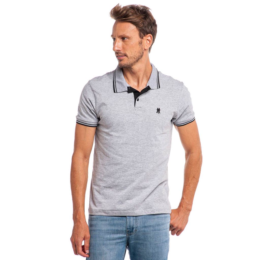 Polo Masculina Algodão Básica Filete Duplo e Logo Polo Wear Mescla Medio