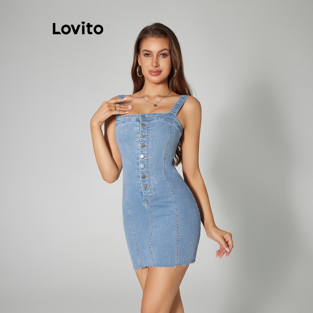 Lovito Vestido Jeans Liso Casual Para Mulheres LBA05128 (Azul)