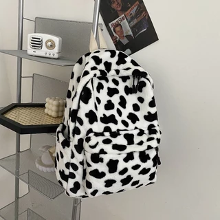 Bolsa Fêmea Coreana Versão ins Trendy Furry Backpack Mochila de pelúcia preta branca para o exterior