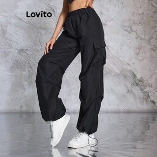 Lovito Calças de Amarração com Bolsos e Tecido Liso para Mulheres LBE02012 (Preto)