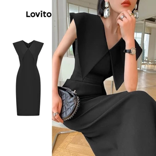 Lovito Elegante Liso Vestido Feminino Assimétrico L65ED172 (Preto)