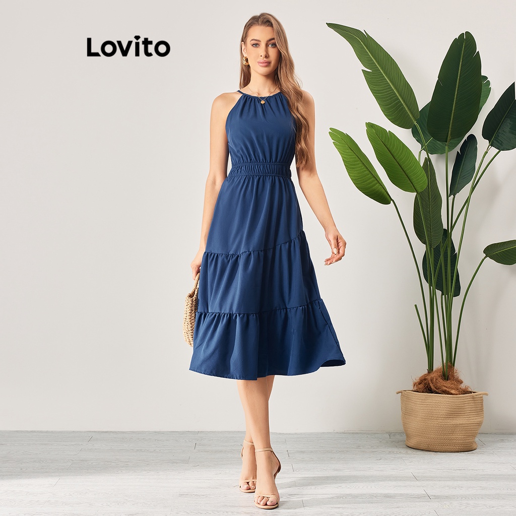 Lovito Vestido Boho Com Bainha Lisa E Babados Para Mulheres LBL06117 (Azul)