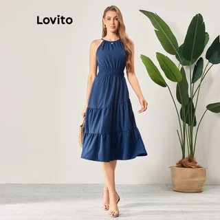 Lovito Boho Vestido Básico com Babado para Mulheres LBL06117 (Azul)