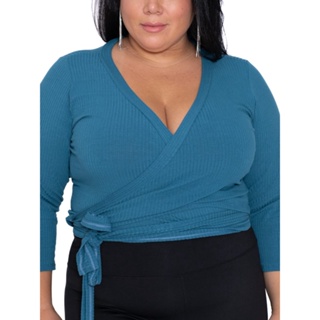 Cropped Com Amarração Transpassado Feminino Plus Size Malha Canelada