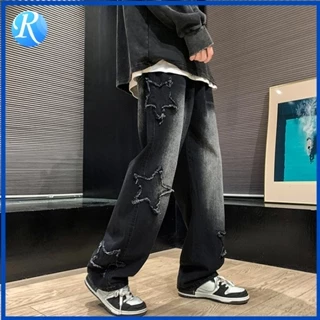 Calça Jeans Bordada Hip Hop De Ganga Masculina Casual Solta Perna Larga Cintura Alta Frio Para Primavera Outono