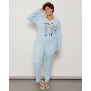 Pijama Plus Size Feminino Manga Longa Soft Azul Claro