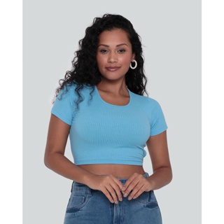 Blusa Feminina Cropped Canelada Tiras Azul Claro